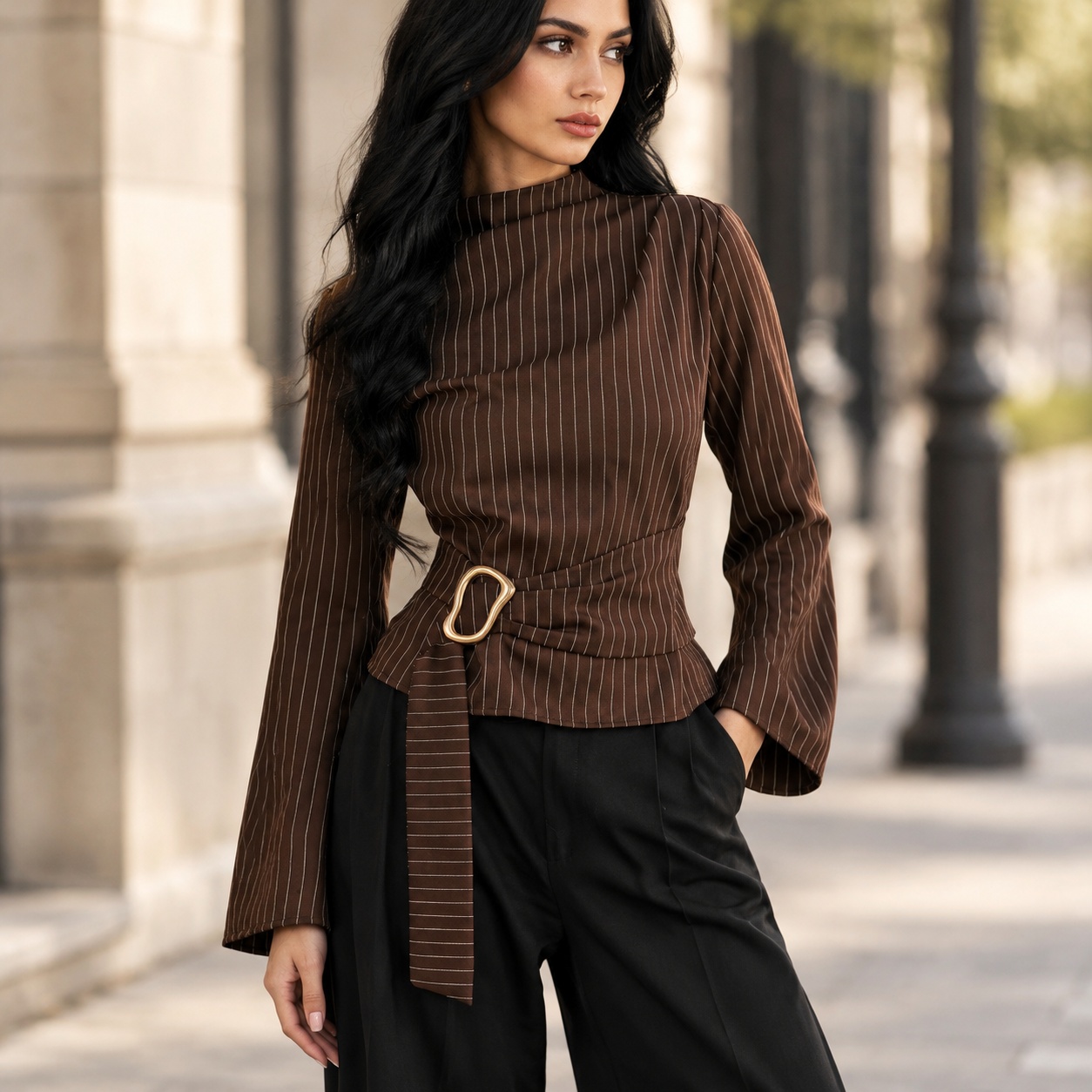 Women Fashion Necktie - Blusa de manga sino com amarração